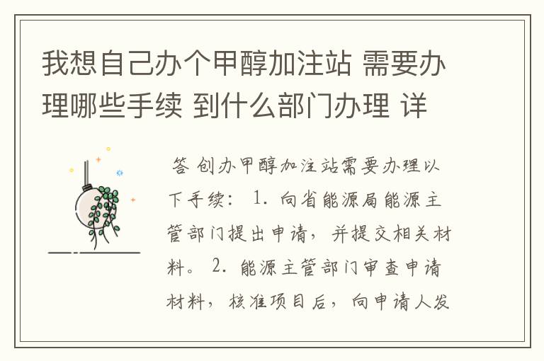 我想自己办个甲醇加注站 需要办理哪些手续 到什么部门办理 详细点的