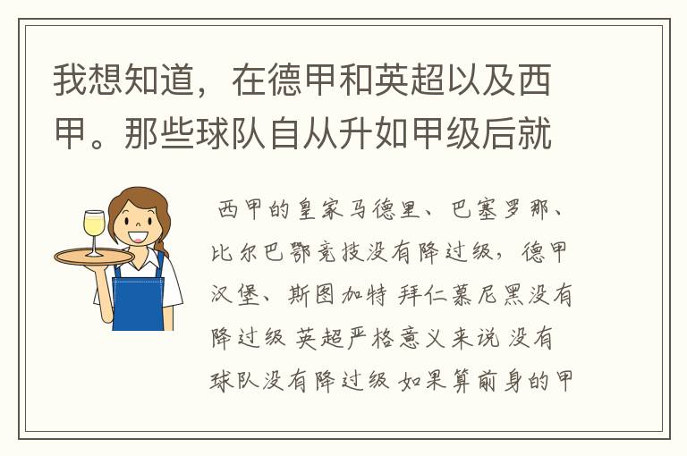 我想知道，在德甲和英超以及西甲。那些球队自从升如甲级后就从没有降过级？