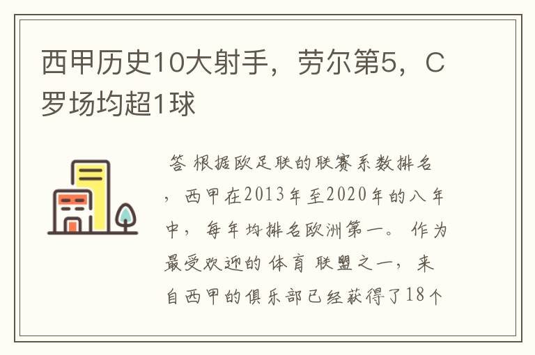 西甲历史10大射手，劳尔第5，C罗场均超1球