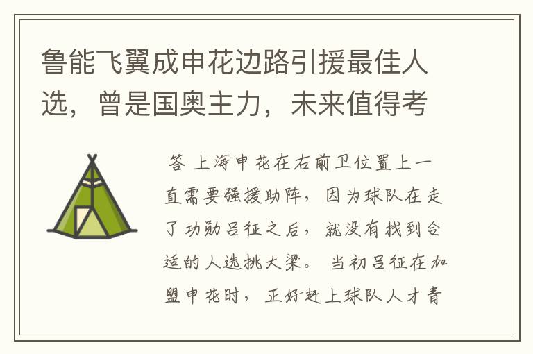 鲁能飞翼成申花边路引援最佳人选，曾是国奥主力，未来值得考虑