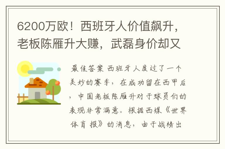 6200万欧！西班牙人价值飙升，老板陈雁升大赚，武磊身价却又缩水