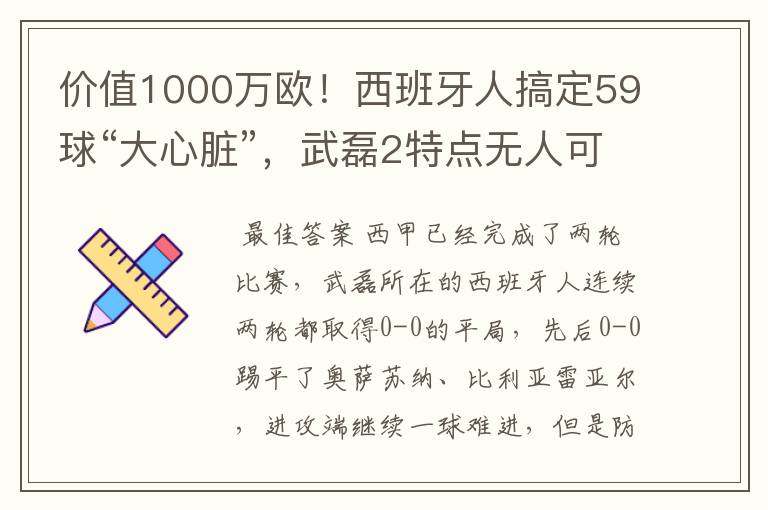 价值1000万欧！西班牙人搞定59球“大心脏”，武磊2特点无人可替