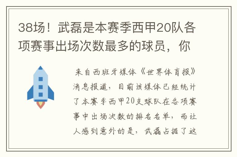 38场！武磊是本赛季西甲20队各项赛事出场次数最多的球员，你怎么看？