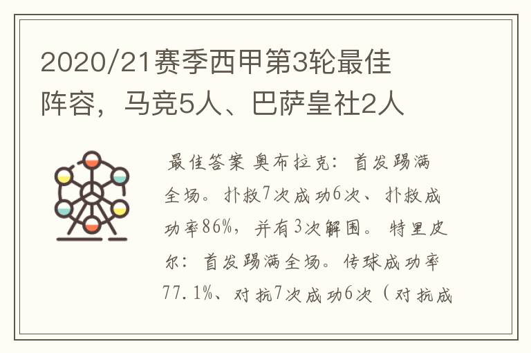 2020/21赛季西甲第3轮最佳阵容，马竞5人、巴萨皇社2人