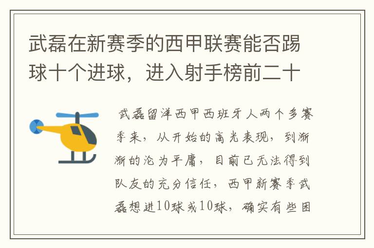 武磊在新赛季的西甲联赛能否踢球十个进球，进入射手榜前二十？