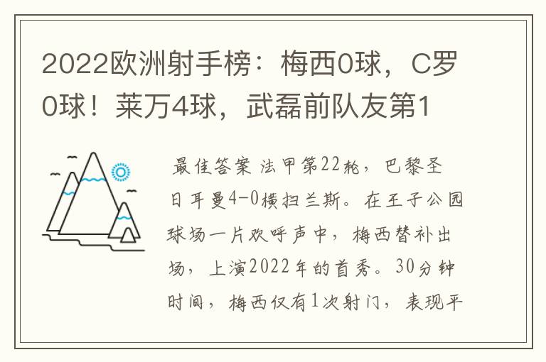 2022欧洲射手榜：梅西0球，C罗0球！莱万4球，武磊前队友第1