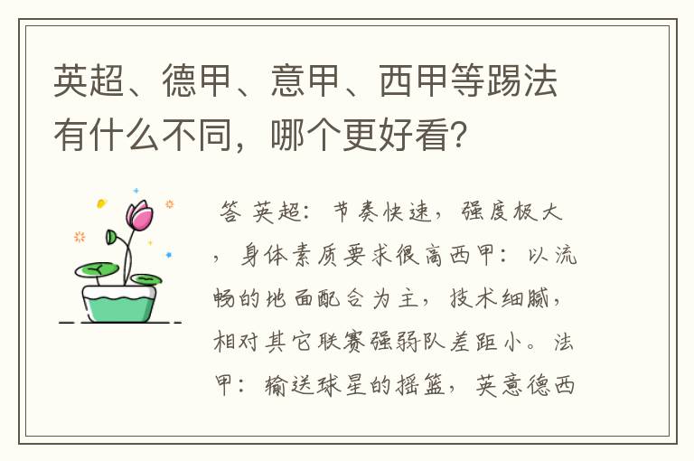 英超、德甲、意甲、西甲等踢法有什么不同，哪个更好看？