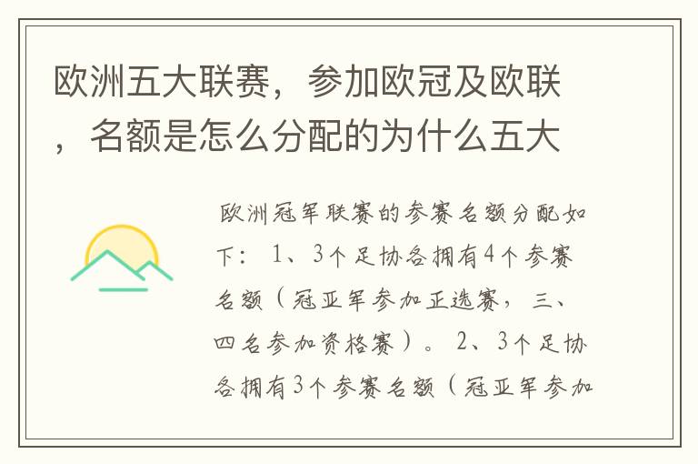 欧洲五大联赛，参加欧冠及欧联，名额是怎么分配的为什么五大联赛只有法甲