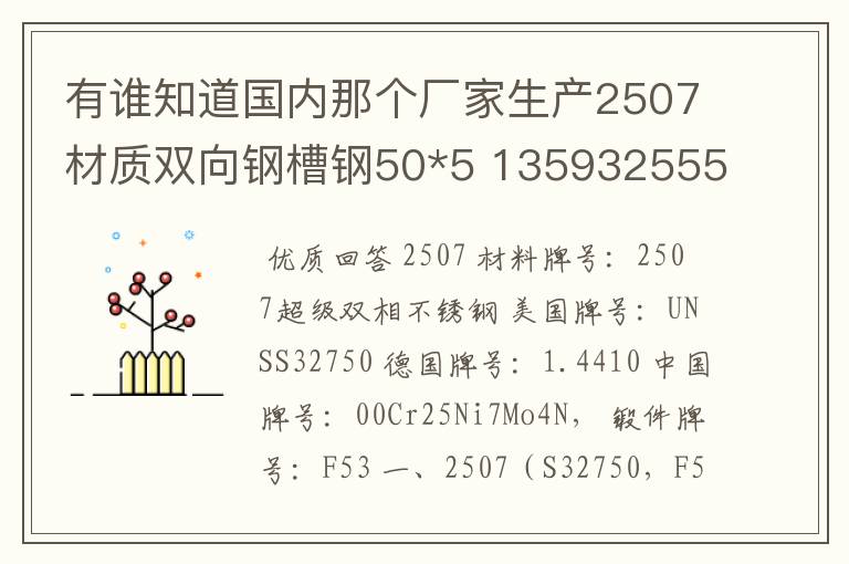 有谁知道国内那个厂家生产2507材质双向钢槽钢50*5 13593255538王？