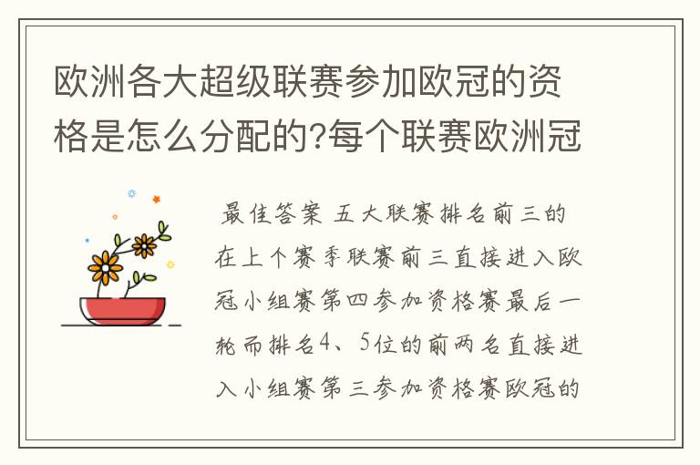 欧洲各大超级联赛参加欧冠的资格是怎么分配的?每个联赛欧洲冠军杯参赛队