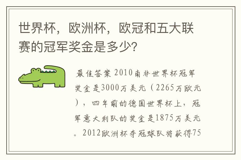 世界杯，欧洲杯，欧冠和五大联赛的冠军奖金是多少？