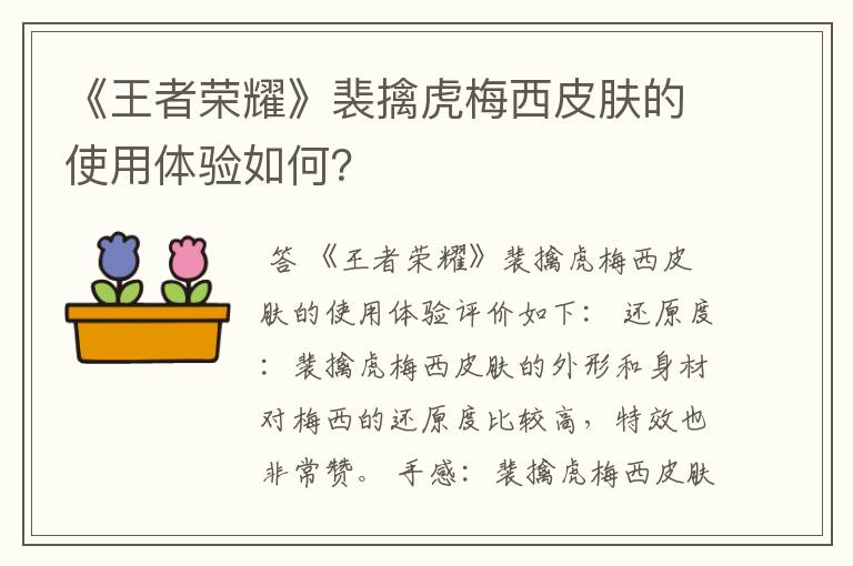 《王者荣耀》裴擒虎梅西皮肤的使用体验如何？