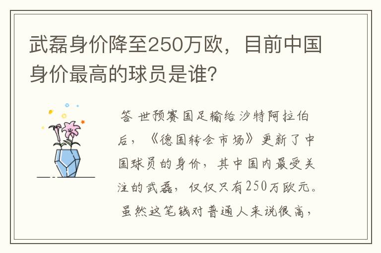 武磊身价降至250万欧，目前中国身价最高的球员是谁？