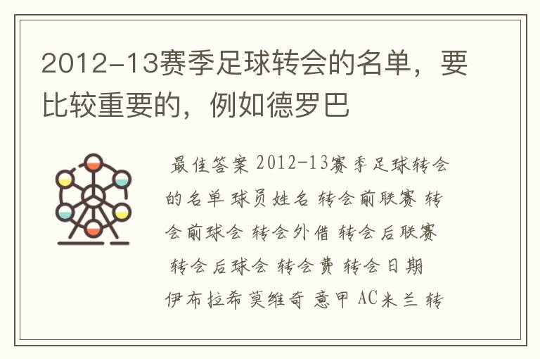 2012-13赛季足球转会的名单，要比较重要的，例如德罗巴