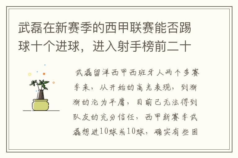 武磊在新赛季的西甲联赛能否踢球十个进球，进入射手榜前二十？