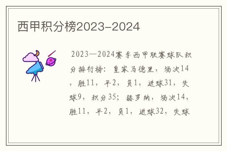 西甲积分榜2023-2024