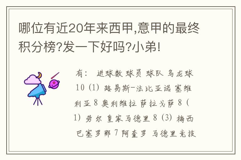 哪位有近20年来西甲,意甲的最终积分榜?发一下好吗?小弟!