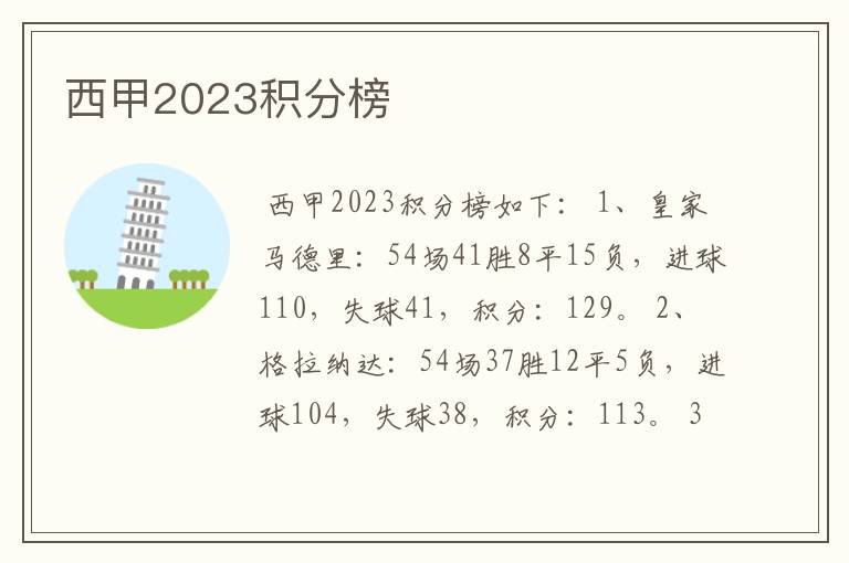 西甲2023积分榜