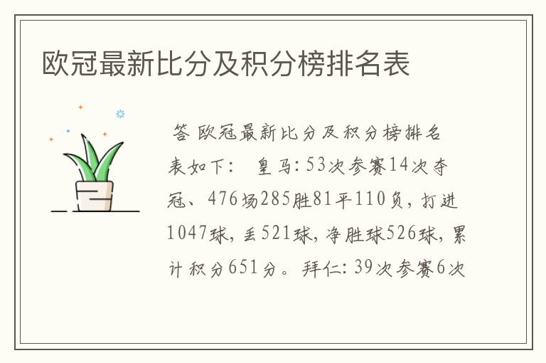 欧冠最新比分及积分榜排名表