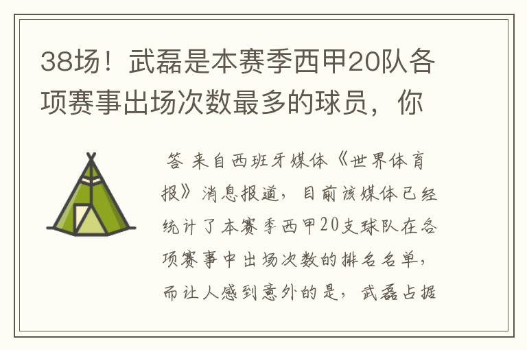 38场！武磊是本赛季西甲20队各项赛事出场次数最多的球员，你怎么看？