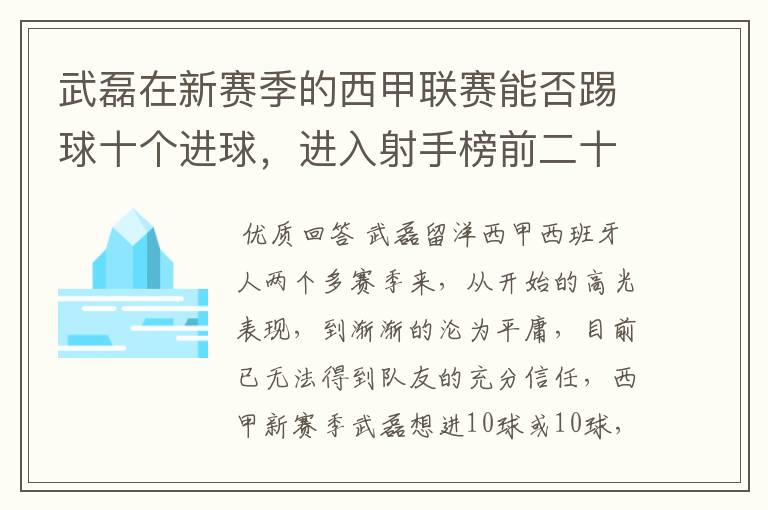 武磊在新赛季的西甲联赛能否踢球十个进球，进入射手榜前二十？