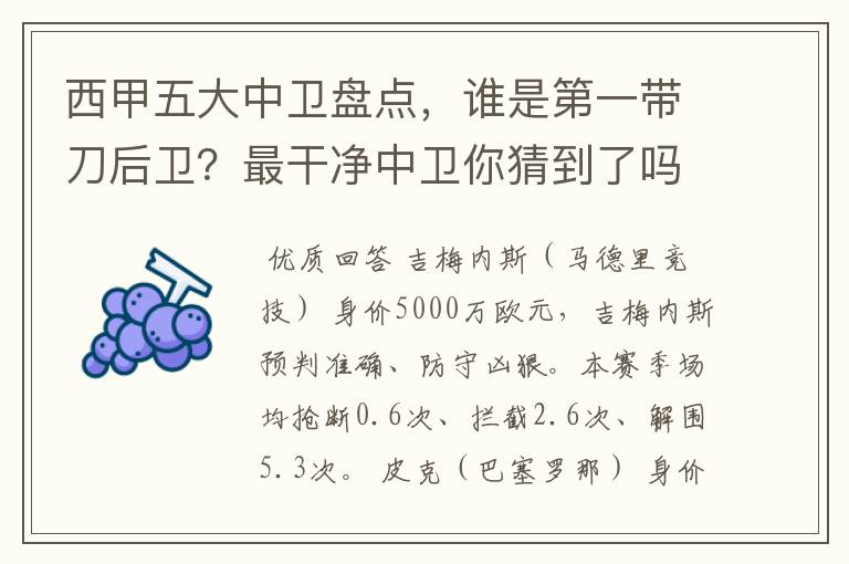 西甲五大中卫盘点，谁是第一带刀后卫？最干净中卫你猜到了吗？