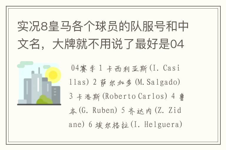 实况8皇马各个球员的队服号和中文名，大牌就不用说了最好是04赛季的