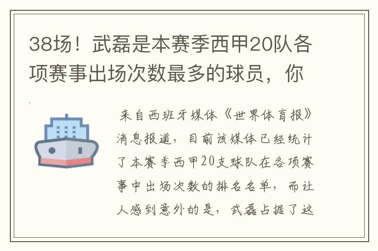 38场！武磊是本赛季西甲20队各项赛事出场次数最多的球员，你怎么看？