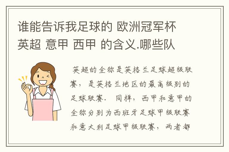 谁能告诉我足球的 欧洲冠军杯 英超 意甲 西甲 的含义.哪些队  怎么进行比赛的.