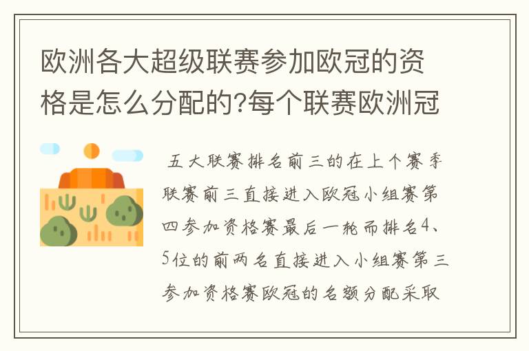 欧洲各大超级联赛参加欧冠的资格是怎么分配的?每个联赛欧洲冠军杯参赛队