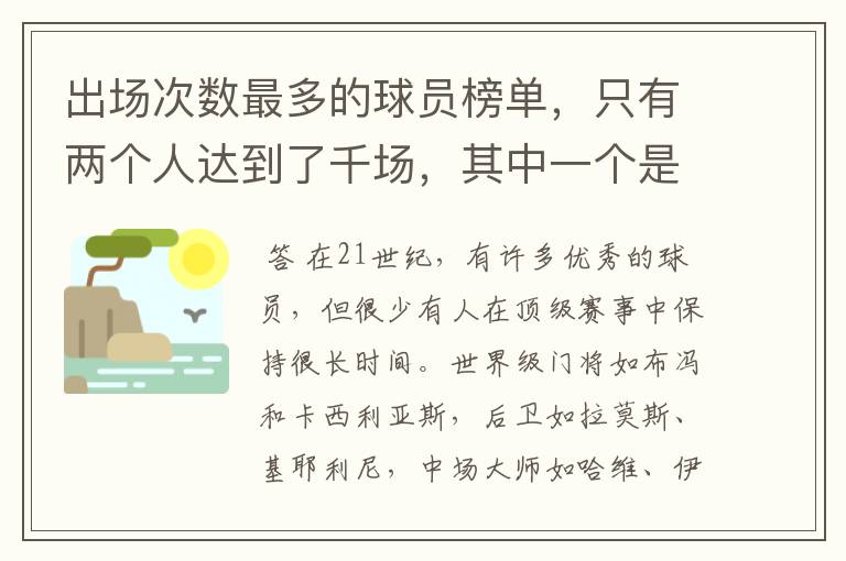 出场次数最多的球员榜单，只有两个人达到了千场，其中一个是C罗