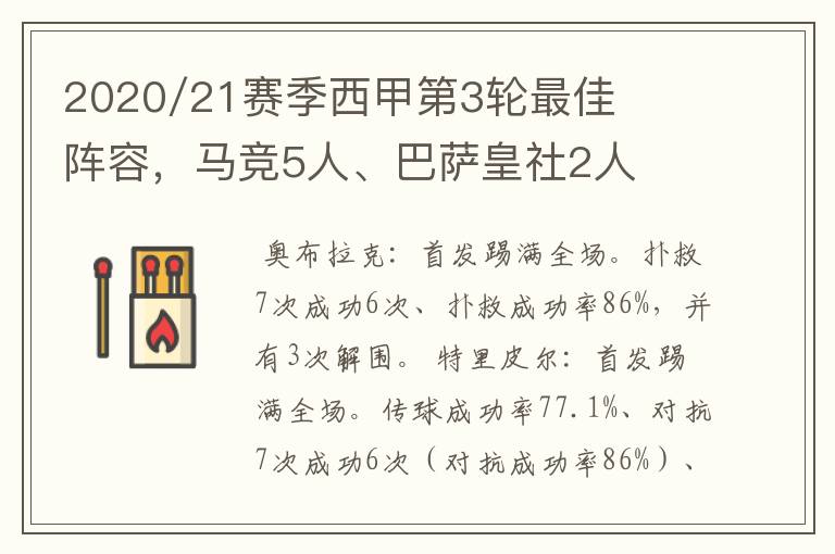 2020/21赛季西甲第3轮最佳阵容，马竞5人、巴萨皇社2人