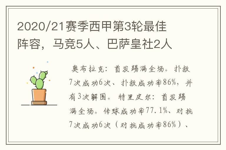 2020/21赛季西甲第3轮最佳阵容，马竞5人、巴萨皇社2人