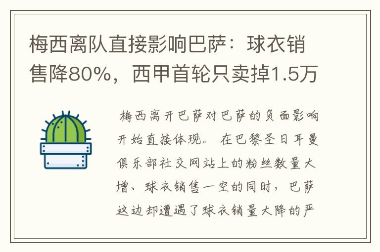 梅西离队直接影响巴萨：球衣销售降80%，西甲首轮只卖掉1.5万球票