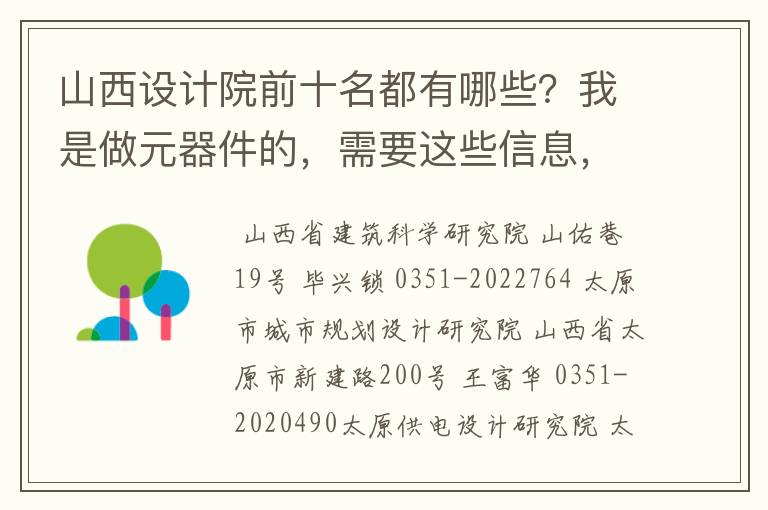 山西设计院前十名都有哪些？我是做元器件的，需要这些信息，拜托了！