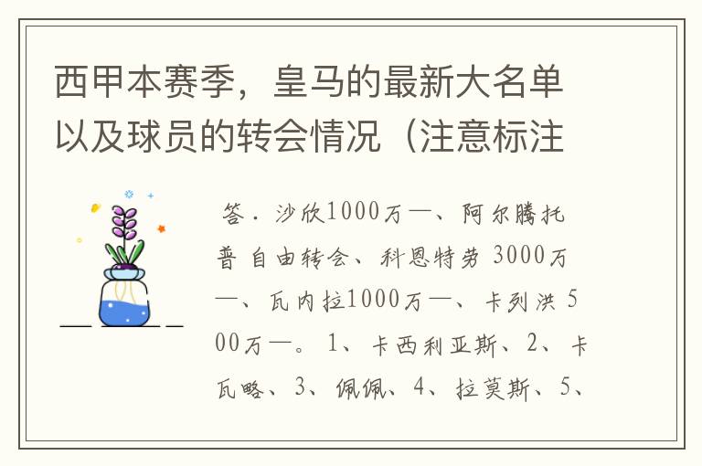 西甲本赛季，皇马的最新大名单以及球员的转会情况（注意标注球员身价）