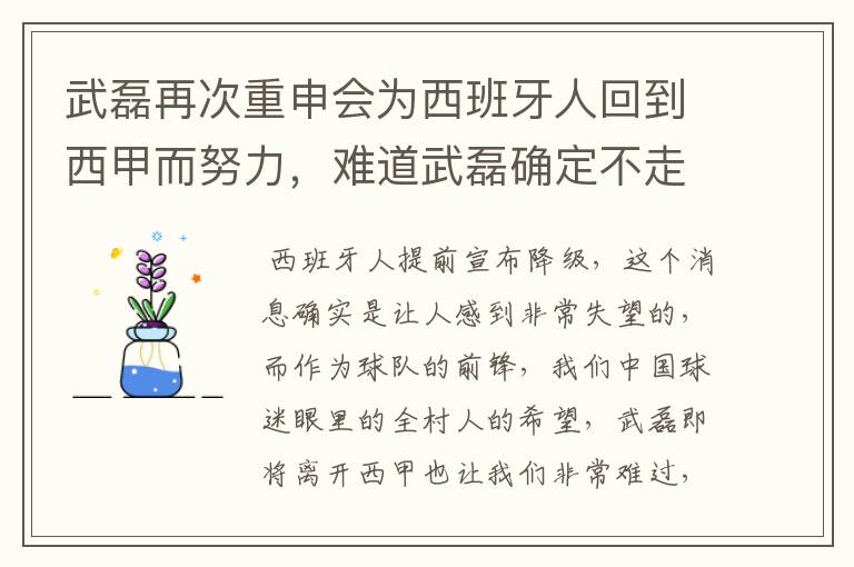 武磊再次重申会为西班牙人回到西甲而努力，难道武磊确定不走了？