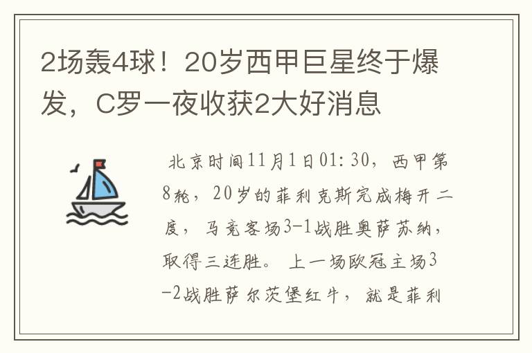 2场轰4球！20岁西甲巨星终于爆发，C罗一夜收获2大好消息