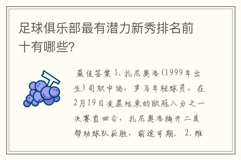 足球俱乐部最有潜力新秀排名前十有哪些？