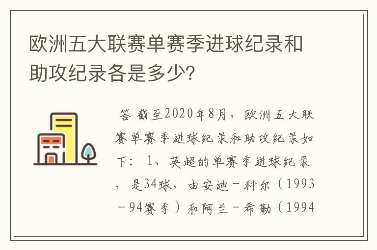 欧洲五大联赛单赛季进球纪录和助攻纪录各是多少？