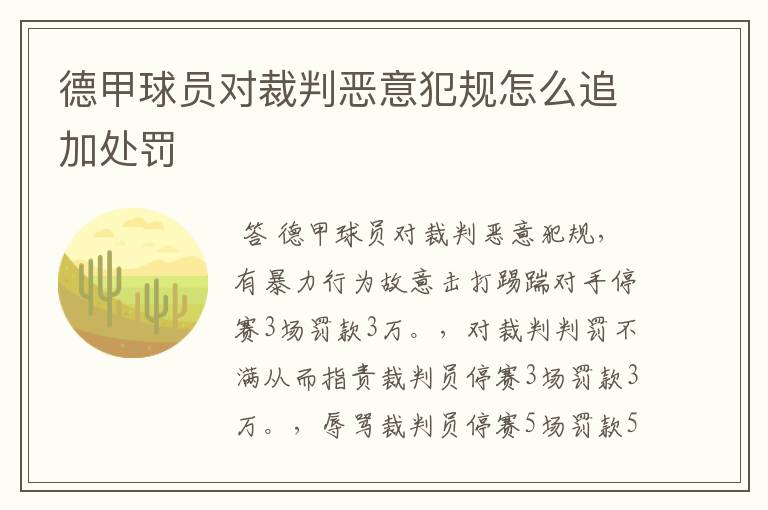 德甲球员对裁判恶意犯规怎么追加处罚