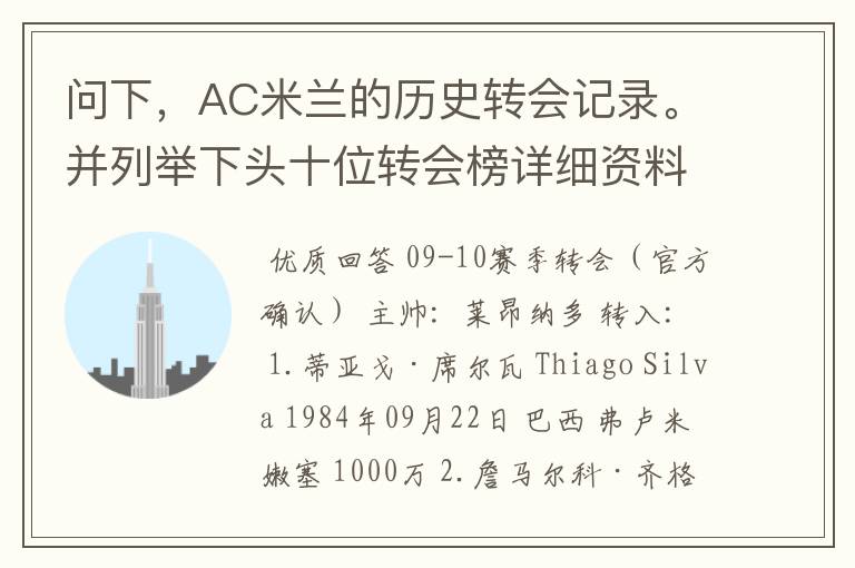 问下，AC米兰的历史转会记录。并列举下头十位转会榜详细资料。非常感谢。