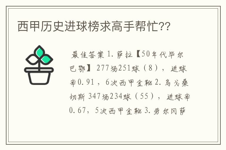 西甲历史进球榜求高手帮忙??