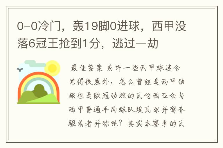 0-0冷门，轰19脚0进球，西甲没落6冠王抢到1分，逃过一劫