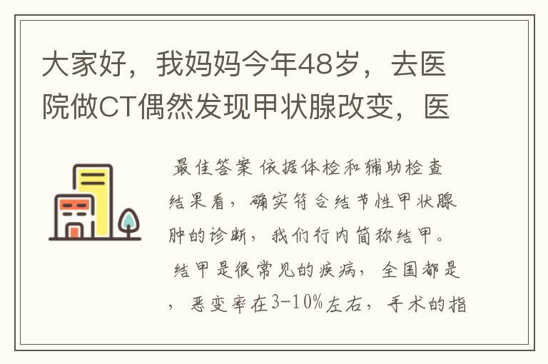 大家好，我妈妈今年48岁，去医院做CT偶然发现甲状腺改变，医生建议进一步检查，随后挂号内分泌科，医生要