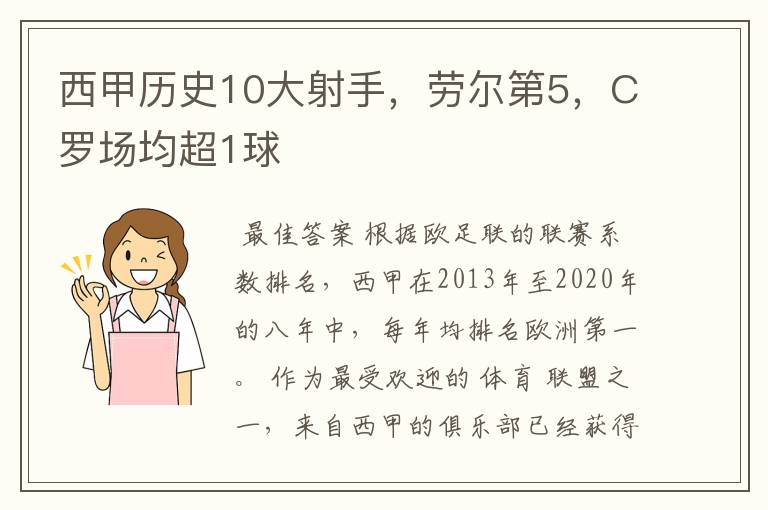 西甲历史10大射手，劳尔第5，C罗场均超1球