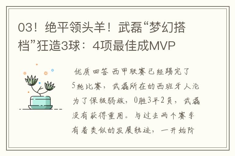 03！绝平领头羊！武磊“梦幻搭档”狂造3球：4项最佳成MVP