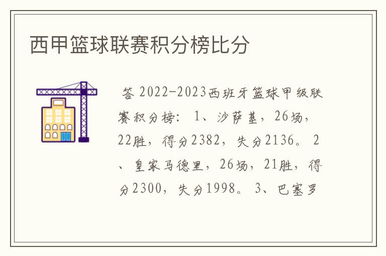 西甲篮球联赛积分榜比分