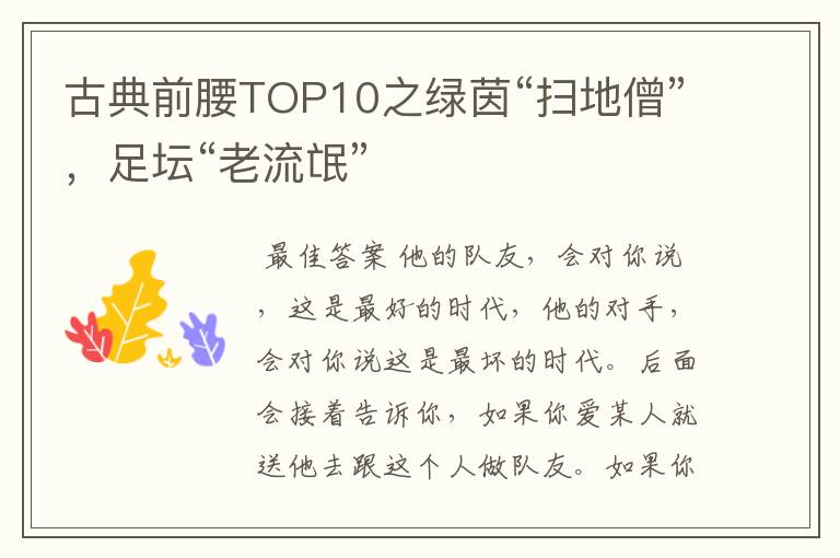 古典前腰TOP10之绿茵“扫地僧”，足坛“老流氓”