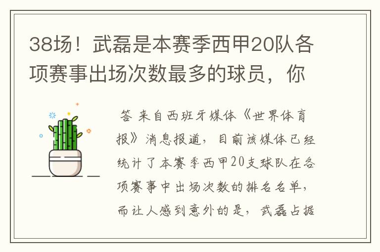 38场！武磊是本赛季西甲20队各项赛事出场次数最多的球员，你怎么看？